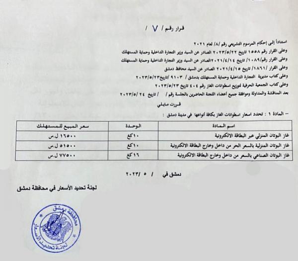 لجنة الأسعار في محافظة دمشق تحدد سعر اسطوانة الغاز المنزلي والصناعي عبر البطاقة الالكترونية وخارجها