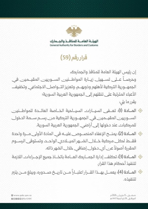 إعفاء  سيارات السوريين المقيمين في تركيا من رسوم الدخول مرة واحدة شهرياً